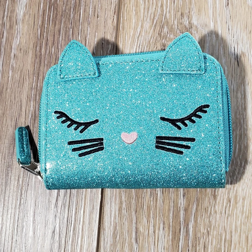 Glittery Teal Cat Wallet Coin Purse for Kids